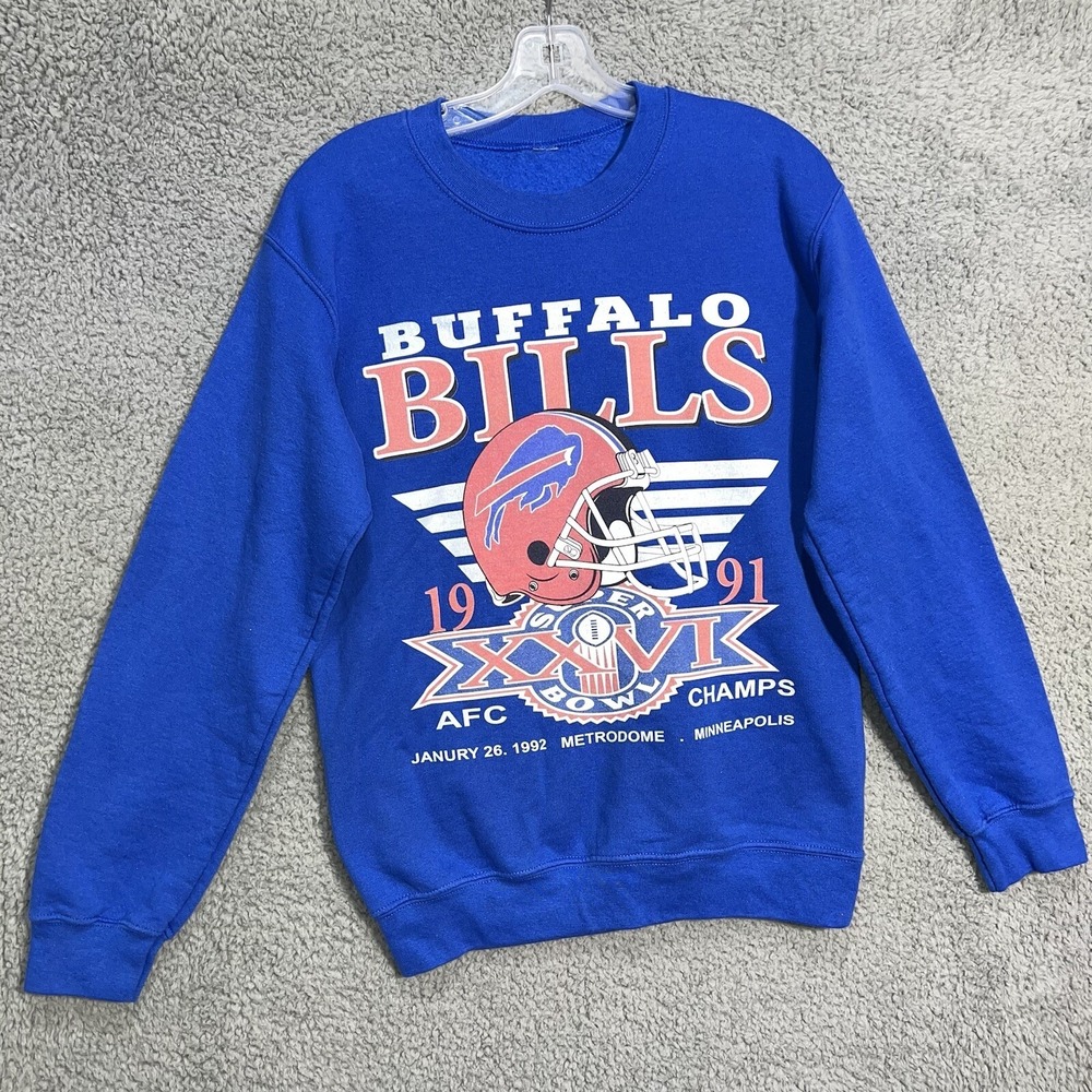 VTG Buffalo Bills Sweater Men's Size S Blue 1992 AFC Champs SB XXVI Pullover NFL